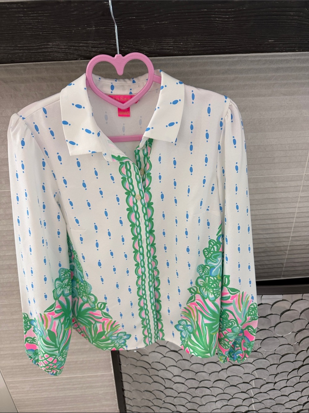 Lilly Pulitzer White Blouse with Blue Dot Print and Green-Pink Border